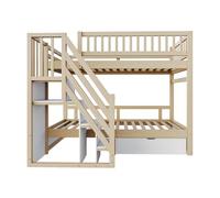 Litera de madera 90*200 cm - con barandilla de seguridad alta, con somier, escalera con almacenamiento, con cajones, cama infantil juvenil - madera natural y blanca