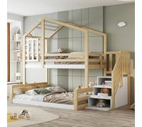 Litera de Madera de Pino, Cama Casita con Escalera, Natural, 253x146x209 cm