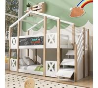 Litera de Madera para Niños, Cama Casita, Blanco y Natural, 90x200 cm