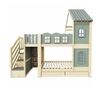 Litera infantil 90 x 200 cm - con barandilla en forma de nube, estructura con techo y ventanas, escalera con almacenamiento, estantes y cajones, cama de madera para niños y niñas - verde, gris y mader