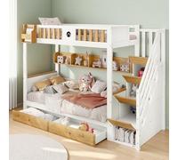 Litera Infantil 90 x 200 Con Escalera, Cabaña de 2 Plazas, Entrepiso Con Almacenamiento, Barrera, Somier y Armarios Cajones