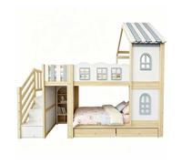 Litera infantil 90x200 cm - barandilla en forma de nube, estructura de techo con ventanas, escalera con almacenamiento, estantes y cajones, cama de madera, cama doble - blanco
