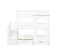 Litera infantil 90x200 cm - escalera con armario y estantes, cajón con ruedas, diseño con ventanas y techo, somier resistente - blanco