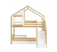 Litera infantil 90x200 cm - ventanas decorativas, escalera de seguridad con pasamanos, 2 cajones con ruedas, madera de pino y mdf - blanco y natural