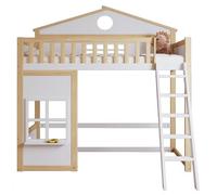 Litera infantil de 90 x 200 cm, cama alta para 2 niños, cama-casita, cama doble de madera con somier y barandilla, pino, sin colchón, color blanco y natural.