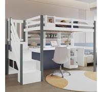 Litera infantil de 90 x 200 cm, con barandilla de seguridad y somier | Cama individual juvenil con caja de almacenamiento de tela, estante abierto, escalera lateral, escritorio y taquillas, pino