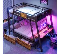Litera infantil de 90 x 200 cm, de metal, litera de 2 plazas, cama alta de 2 plazas, cama doble infantil, con tira luminosa LED, puertos USB y tipo maletero, dos cestas de almacenamiento (negro, 90 x