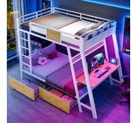 Litera infantil de 90 x 200 cm, de metal, litera de 2 plazas, cama alta de 2 plazas, cama doble infantil, con banda luminosa LED, puertos USB y tipo maletero, dos cestas de almacenamiento (90 x 200)