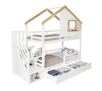Litera infantil de madera de pino 90x200cm con 2 cajónes,blanco+natural