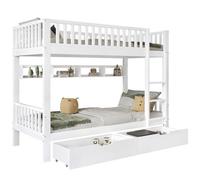 Litera infantil de madera de pino 90x200cm con 2 cajónes,estante,escalera y protección contra caídas,blanco