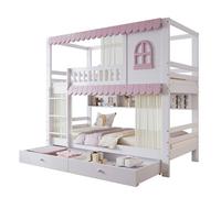 Litera infantil de madera de pino y mdf 90x200cm con 2 cajónes,ventanas,cortinas,estante,escalera y protección contra caídas,rosa