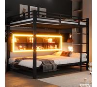 Litera para niños con tira de LED, cama alta de matrimonio 140 x 200 cm con 6 compartimentos de almacenamiento, cama de matrimonio de metal con barra, escalera de 4 peldaños rectos, sin colchón (negro