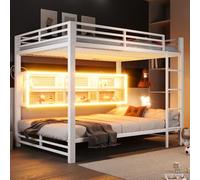 Litera para niños con tira de LED, cama alta de matrimonio 140 x 200 cm con 6 compartimentos de almacenamiento, cama de matrimonio de metal con barra, escalera 4 peldaños rectos, sin colchón (blanco)