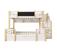 Litera triple 90x200 & 140x200 - madera maciza, pizarra, escalera con almacenamiento, cajones - blanco/natural