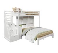Litera triple infantil de madera maciza 90/140x200cm con estante,mesa auxiliar móvil,protección contra caídas y escalera,blanco