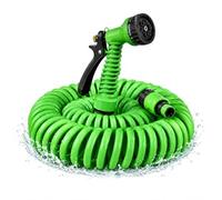 LIVÉ Manguera Jardín Espiral 7,5 m con Pistola Rociadora, Manguera de Agua Extensible con Cabezal Multifunción 7 Modos de Riego, Manguera de Riego Verde para Terraza, Balcón, Patio y Jardín