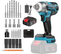Llave de impacto a batería, 21 V, 4,0 Ah, 300Nm motor sin escobillas, cuadrado 1/2", compatible Makita 18V, cambio ruedas coche & montaje, cargador rápido, 26 accesorios en maletín