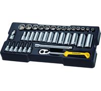 Llave de vaso modular Stanley y accesorios, 3/8", juego de 36 piezas, llaves de vaso, 3/8", métricas/imperiales, 34 piezas, tamaños: 8, 9, 10, 11, 12, 13, 14, 15, 16, 17, 18, 19, 21, 22 mm, T25, T30, 