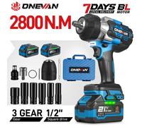 Llave eléctrica sin escobillas ONEVAN 2800N.M de alto torque, destornillador inalámbrico de 1/2 pulgada, herramienta de taladro de impacto para batería Makita de 18V. 1 Battery Set