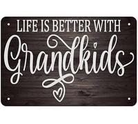 LLBOGRGGN Rustic Farmhouse Decor Metal Sign with Life Is Better With Grandkids Quote Tin Wall-Art for Living Room Bedroom Nursery Grandparent Gift 8 X 12 inch