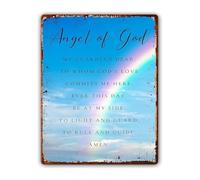 LLBOGRGGN Vintage Angel of God My Dear Prayer Tin Sign Childrens Religious Wall-Art for First Communion Baptism Gift 8 X 12 inch