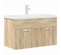 LMTYOENFG Armario para debajo del lavabo con lavabo empotrado y grifo, 80 | Juego de muebles de baño para colgar en la pared en roble Sonoma con lavabo de cerámica para más orden en el baño y baño de