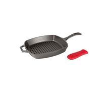 Lodge L8SGP3ASHH41B Pre-Seasoned Iron Square Grill Pan with Red Silicone Handle Holder, 10.5, Black by