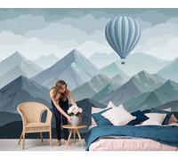 LODMLOER Papel Pintado Montañas Globo Aerostático 200x140cm, Papel Tapiz TNT Ilustración En Acuarela, Decoración de Pared Moderna para Sala de Estar, Dormitorio y Cocina