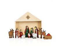 Logbuch-Verlag Nacimiento belén Navidad de Madera Natural con 12 Piezas de Colores y Pesebre con Estrella Dorada - Pesebre Madera de Navidad