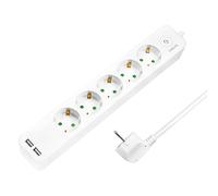 LogiLink Regleta LPS249U 5 enchufes + 2 USB-A, Interruptor, IP20, 1,5 m, Blanco