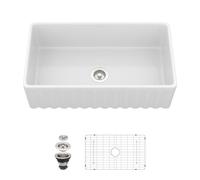 Logmey - Fregadero reversible de granja blanco de 33 pulgadas | Fregadero de cocina de granja de 33"x18"x10" con delantal frontal, fregadero bajo de cerámica porcelana de granja de cuenco