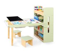 LOL-FUN Mesa infantil con 2 sillas para edades 3-8, escritorio y sillas para niños con cajas de almacenamiento y estantes, mesa de arte sensorial con pizarra blanca