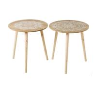 Lola Home Set de 2 mesas auxiliares con mandala de madera blanco y natural de Ø 40x42 cm