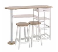 LOLAhome Conjunto de Mesa Barra y 2 taburetes con 1 cajón, 2 estantes, Cesta extraíble y botellero para Cocina de MDF Blanco y Natural