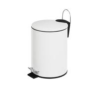 LOLAhome Papelera de baño de pedal redonda de 3 litros de metal blanco mate | Cuerpo de metal antihuellas. Cubo interior extraíble de propileno negro con asa. Ideal para baños y habitaciones pequeñas