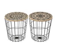 LOLAhome Set de 2 mesas auxiliares Bandeja con Mandala Negro de Metal y Madera de Ø 40x42 cm