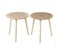 LOLAhome Set de 2 mesas auxiliares con Mandala de Madera Gris y Natural de Ø 40x42 cm