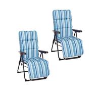 LOLAhome Set de 2 Sillones de Jardín Acolchado, Reclinable con Reposapiés Azul. Estructura de Tubo de Acero anticorrosión y Lona a Rayas. Colchón de 5 cm de Grosor, Plegable. 61x58x106 cm.