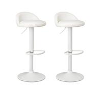 LOLAhome - Set de 2 Taburetes de Cocina Giratorios en 360°, Juego de Sillas de Bar Regulables en Altura de 72 a 92 cm, con Respaldo de Polipiel, Estructura Metal Blanca y Reposapiés, Blancos