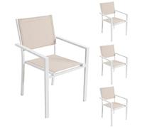 LOLAhome Set de 4 Sillas Thais de Aluminio Blanco y Textileno Beige, Elegantes, Apilables, Ligeras y Resistentes, Tratamiento anticorrosión para Exteriores, de 56x56x86 cm