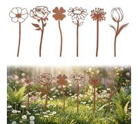 LOLANIUT Juego de 6 tapones de jardín oxidados, decoración de jardín, decoración al aire libre, decoración de primavera, decoración oxidada para jardín, decoración de metal para flores, aspecto