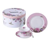 London Boutique Juego de 3 Tazas de té y platillo de café de 7.5 Pulgadas, 3 Platos de Postre de Porcelana Vintage con pájaros, Mariposas, Caja de Regalo Floral (Rosa)