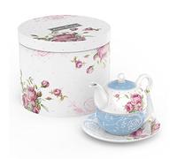 London Boutique Juego de té para una tetera y platillos de té, regalos para mujeres, juego de té para 1 nuevo hueso de porcelana vintage, regalo de flora para ella, 350 m (azul)