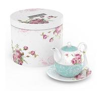 London Boutique Juego de té para una tetera y platillos para taza de té, juego de té de la tarde para 1 nuevo hueso de porcelana vintage, regalo de flora para mujer, 350 m (turquesa)
