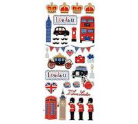 London Fancy Icons - Juego de pegatinas con diseño de Big Ben, coronas, carruaje dorado del estado, guardia real, bigotes británicos, tazas de té y hervidor de agua, corazón de la bandera británica,