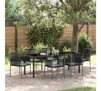 LoogCape Juego de comedor de jardín de 7 piezas, ratán sintético negro con marco de acero pulverizado, 6 sillas, 1 mesa de 160 x 80 x 73 cm, resistente a los rayos UV, resistente a la intemperie