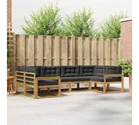 LoogCape Juego de sofás para exteriores con cojines, 6 unidades, madera de acacia resistente a la intemperie, diseño moderno para jardín, terraza, piscina, acogedor grupo de asientos con reposabrazos