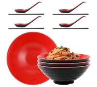 LOPYXBR Juego de 4 cuencos japoneses de 1000 ml, de cuenco de melamina, 21 x 8 cm, con cuchara y palillos para ventanas, pasta, ventanas, ensalada (negro-rojo)