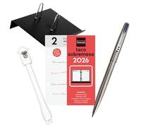 Lote de 1 Porta-calendarios (soporte) FAIBO y 1 bloc taco calendario FINOCAM sobremesa escritorio año 2026 + 1 Bolígrafo Inoxcrom B77 Cromado + Bolígrafo diseño