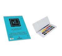 Lote de Canson XL, Papel de acuarela, Prensado en frío, 300g, A3, Blanco, 30 Hojas + Daler-Rowney Aquafine, Travel Set, Medio Godet, 24 Colores Surtidos + 1 Pincel Aquafine